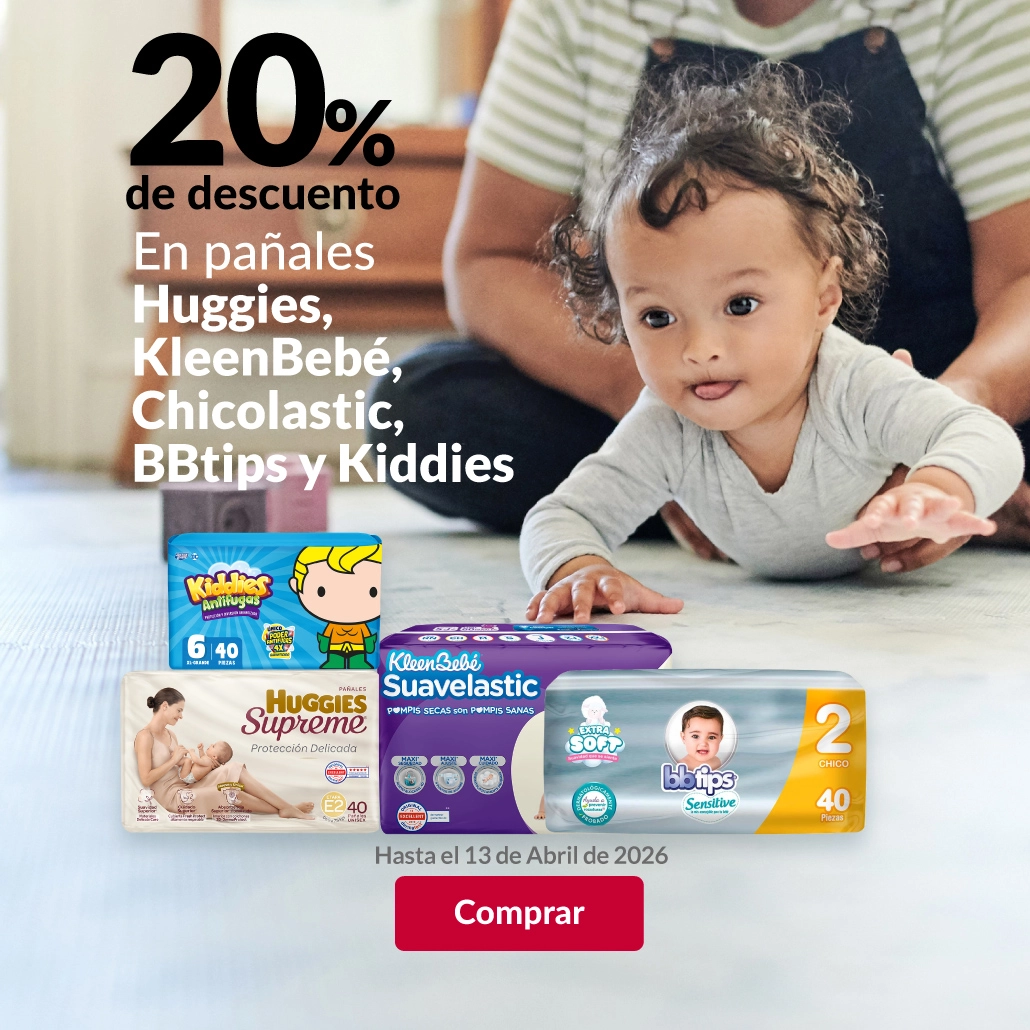 20% de descuento en pañales huggies, kleenbebé, chicolastic, bbtips y kiddies.