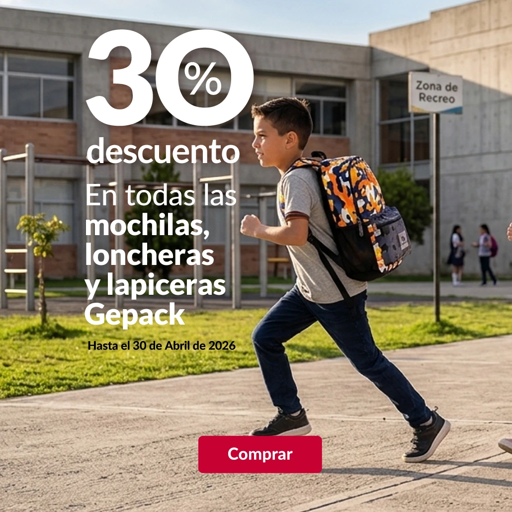 30% de descuento en todas las mochilas, loncheras y lapiceras de la marca gepack