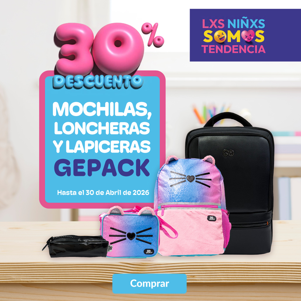 30% de descuento en todas las mochilas, loncheras y lapiceras de la marca gepack. 