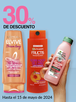 30% de descuentoen todos los shampoos y acondicionadores Elvive 680ml, Fructis 650ml y Hair Food 300ml