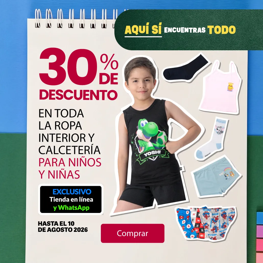 30% de descuento en toda la ropa interior y calcetería para niños y niñas