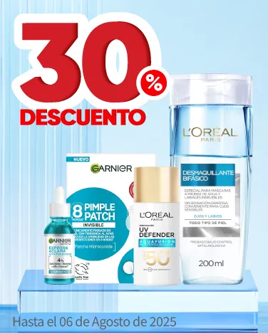 30% de descuento en todos los tratamientos facuales L'Oréal y Garnier