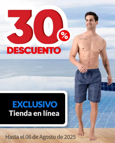 30% de descuento en todas las bermudas y trajes de baño, para hombre