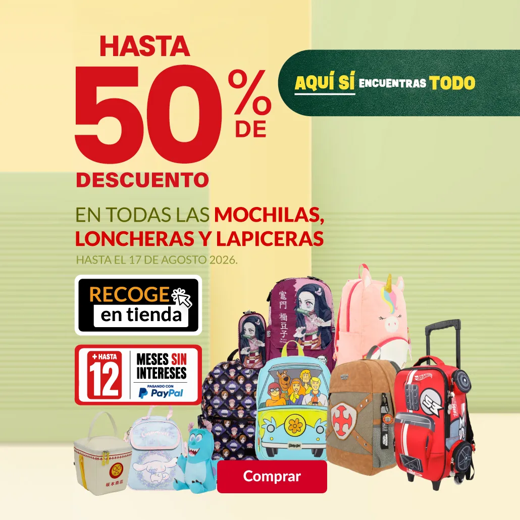 Hasta el 50% de descuento en todas las mochilas, loncheras y lapiceras. 