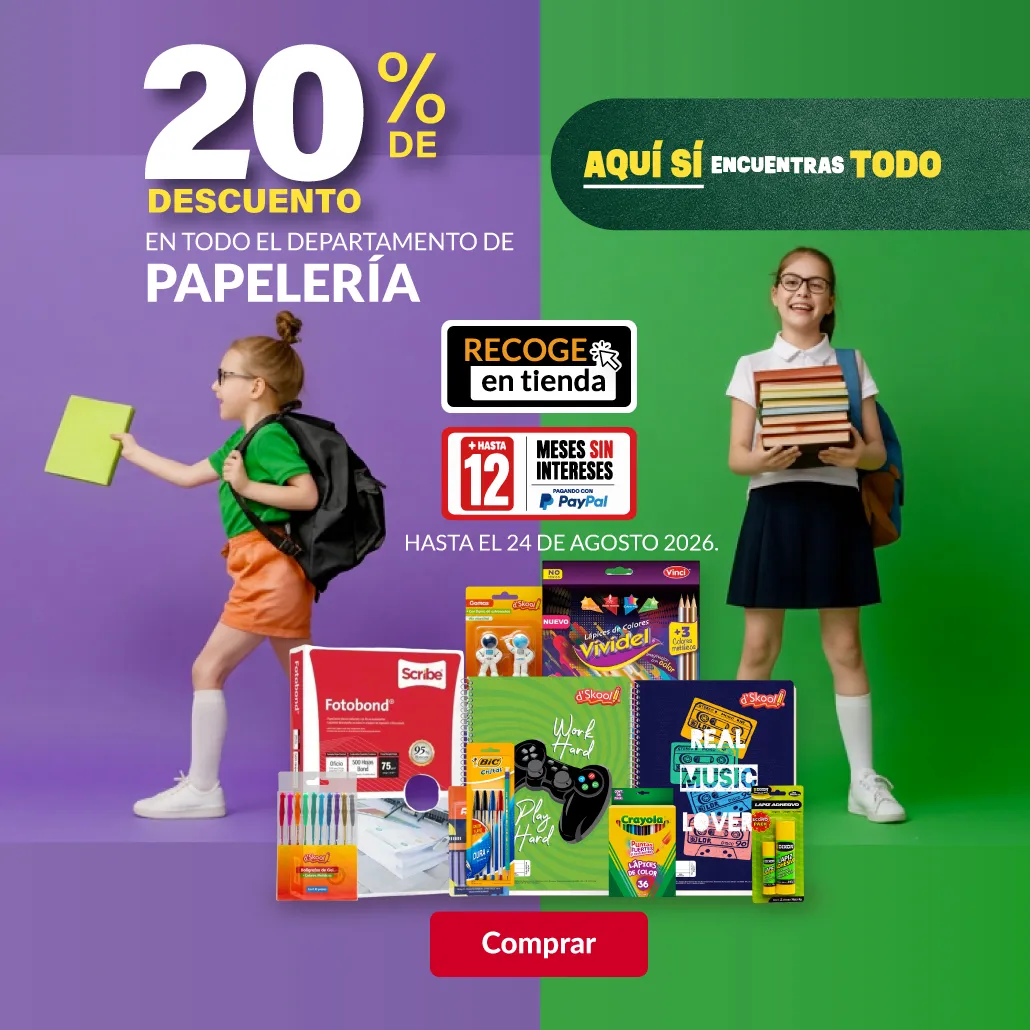 20% de descuento en todo el departamento de papelería. 
