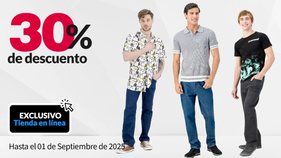 30% de descuento en Playeras y Camisas para Caballeros y Chavos