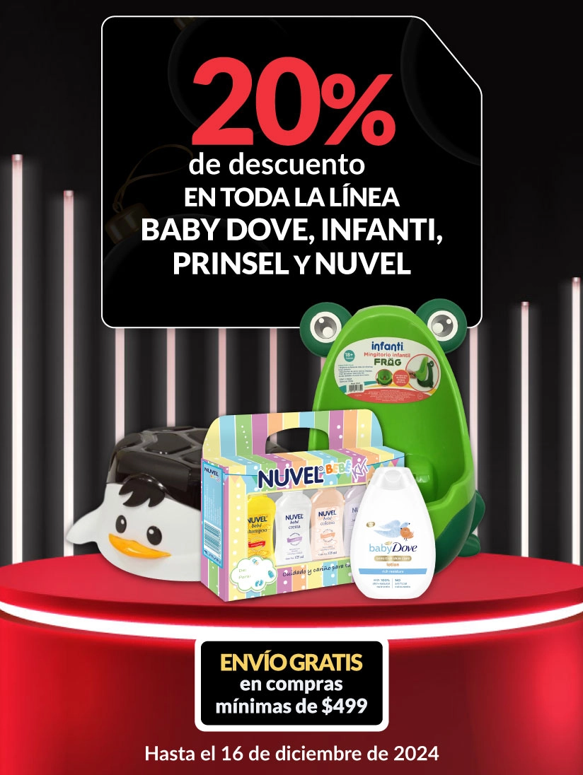 20% de descuento en toda la línea baby dove, infanti, prinsel y nuvel