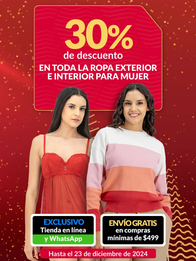 30% de descuento en toda la ropa exterior e interior para mujer