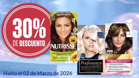 30% de descuento en todos los tintes koleston, soft color, nutrisse, imedia y preference. 