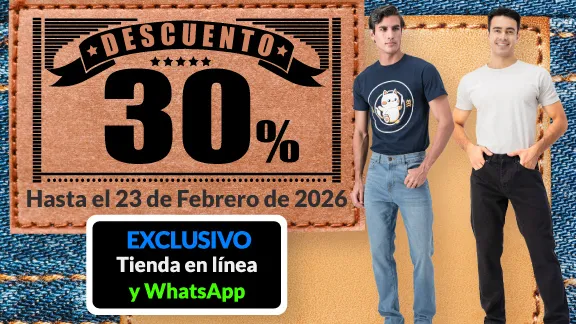 30% de descuento en todas las playeras y pantalones de mezclilla de hombre