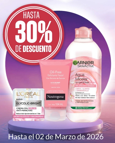 30% de descuento en todos los tratamientos faciales Loreal, Garnier y Neutrogena.