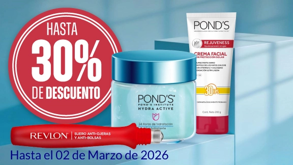 hasta 30% de descuento en trataminetos faciales seleccionados. (Neutrogena, Ponds, Revlon).