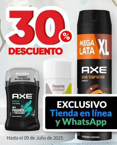 30% de descuento en todos los desodorantes Axe, Rexona, Stefano (excepto ofertas armadas)