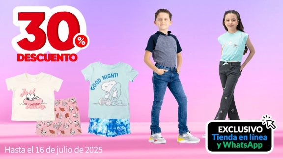 30% de descuento en todos los conjuntos y pantalones de mezclilla para Niñas, Niños y Bebés