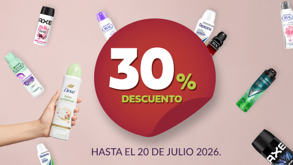 30% de descuento en todos los desodorantes Obao, Rexona, Axe y Dove en aerosol