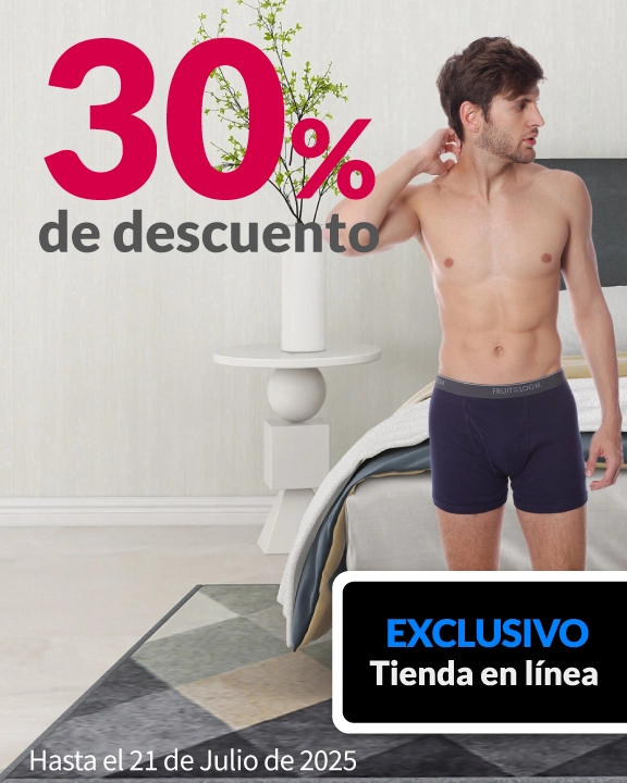 30% de descuento en ropa interior para caballero (excepto calcetería)