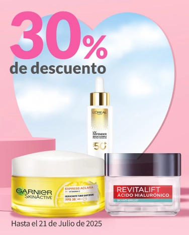 30% de descuento en todos los tratamientos faciales L'Oréal y Garnier (excepto mascarillas faciales)