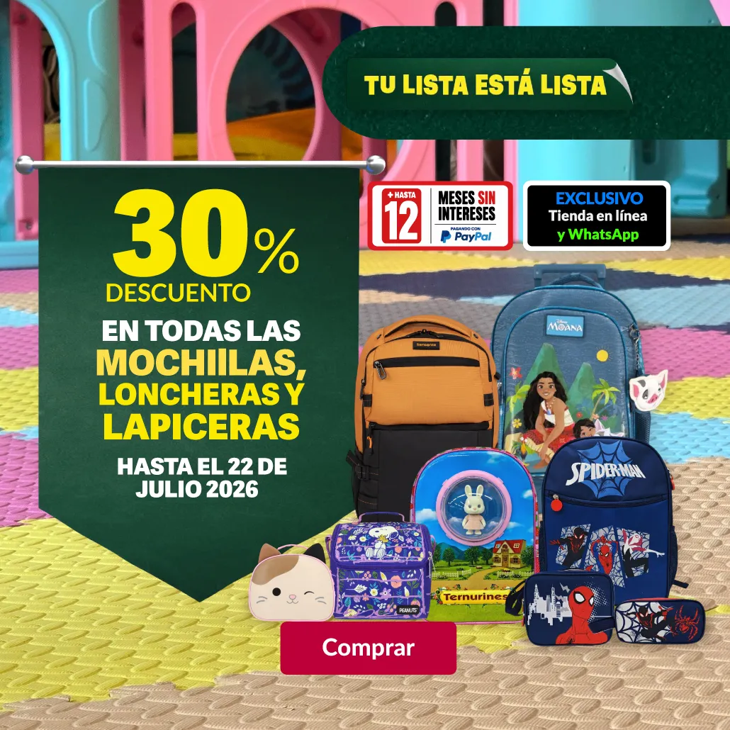 30% de descuento en mochilas, loncheras y lapiceras.