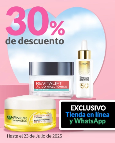 30% de descuento en todos los tratamientos faciales L'Oréal y Garnier (excepto mascarillas faciales)