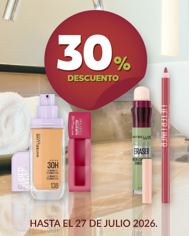 30% de descuento En cosmeticos Maybelline.