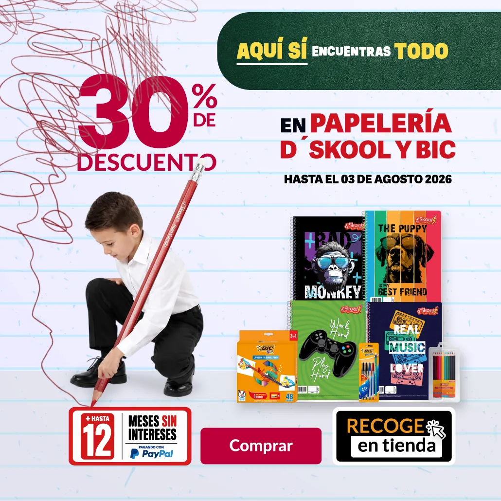30% en la papeleria marca D'skool y Bic