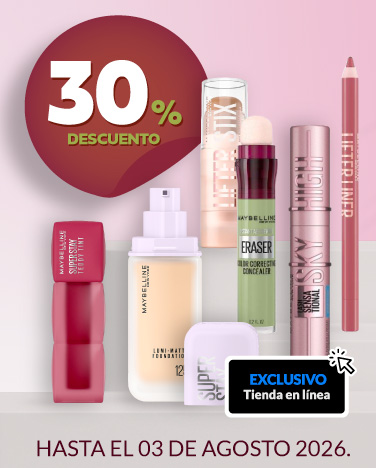 30% de descuento En cosmeticos Maybelline.