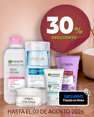 30% de descuento En todos los tratamientos faciales L'Oreal y Garnier.