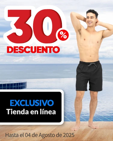 30% de descuento en todas las bermudas y trajes de baño para hombre