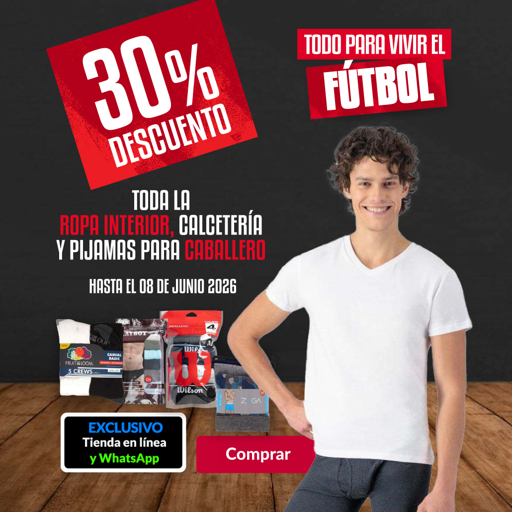 30% de descuento en toda la ropa interior, calcetería y pijamas de caballero