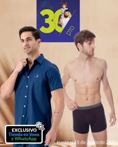 30% de descuento en toda la ropa exterior e interior para caballero