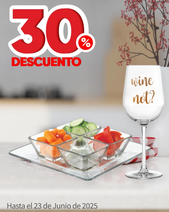 30% de descuento en todos los productos de la marca Crisa, Libbey y Pyrorey