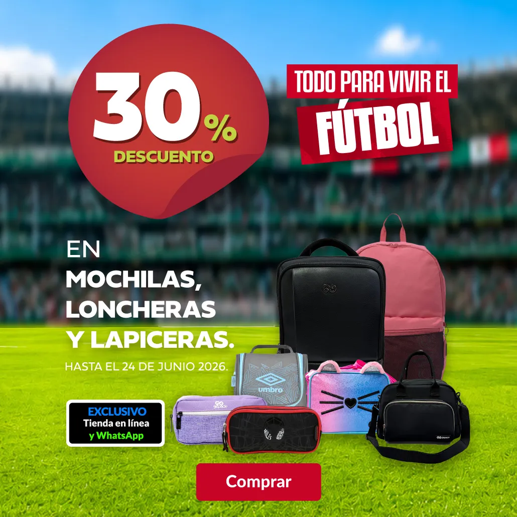 30% en todas las mochilas, loncheras y lapiceras. 