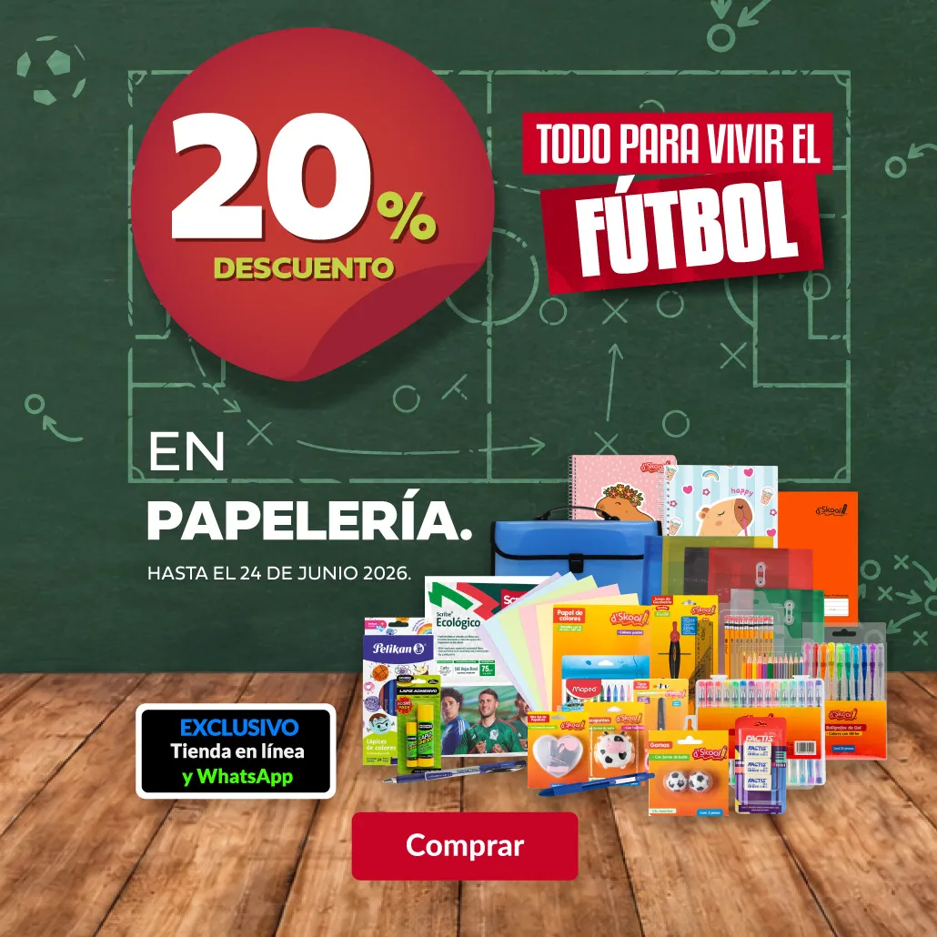 20% de descuento en toda la papelería. 