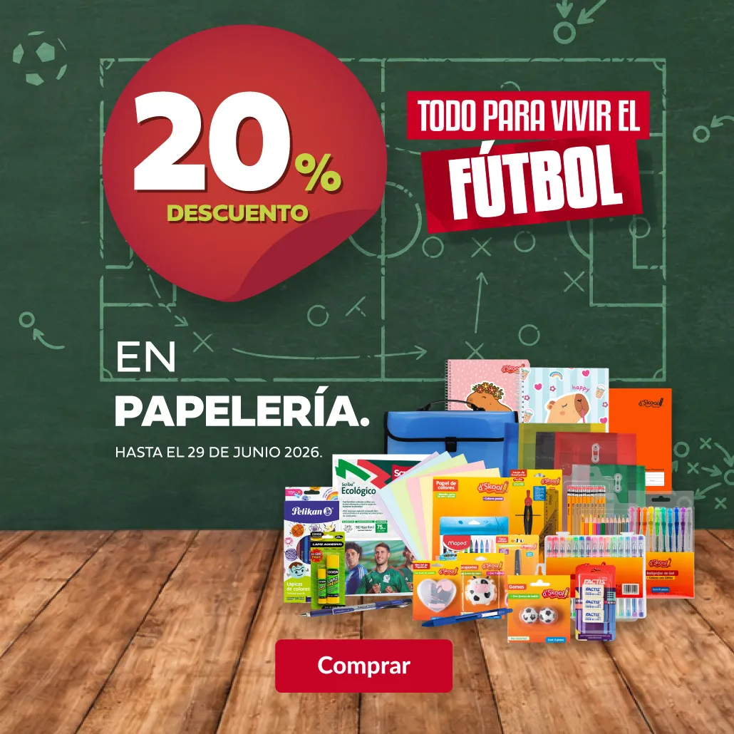 20% de descuento en toda la papelería.