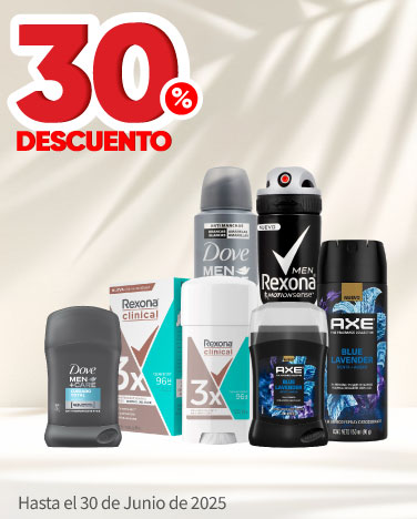 30% de descuento en todos los desodorantes Axe, Rezona y Dove clinical