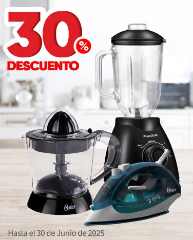 30% de descuento en todos los electrodomésticos de cocina, planchas Oster, American y Philco