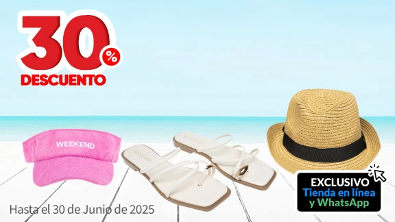 30% de descuento en todas las sandalias, gorras de playa y viseras