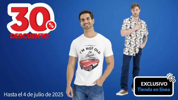 30% de descuento en todas las playeras, pantalones y camisas para Caballeros y Chavos