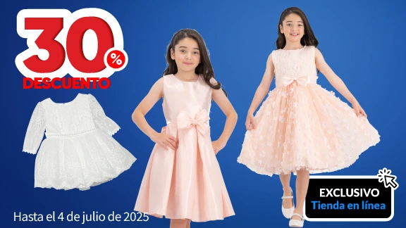 30% de descuento en todos los vestidos de fiestas para Niña y Beba