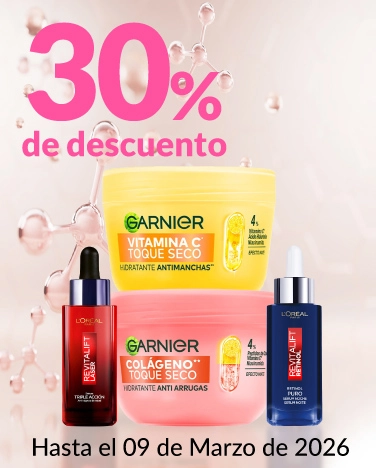 30% de descuento en todos los tratamientos faciales L'oreal y Garnier 
