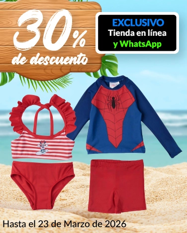 30% de descuento en todos los trajes de baño, sandalias y accesorios para toda la familia