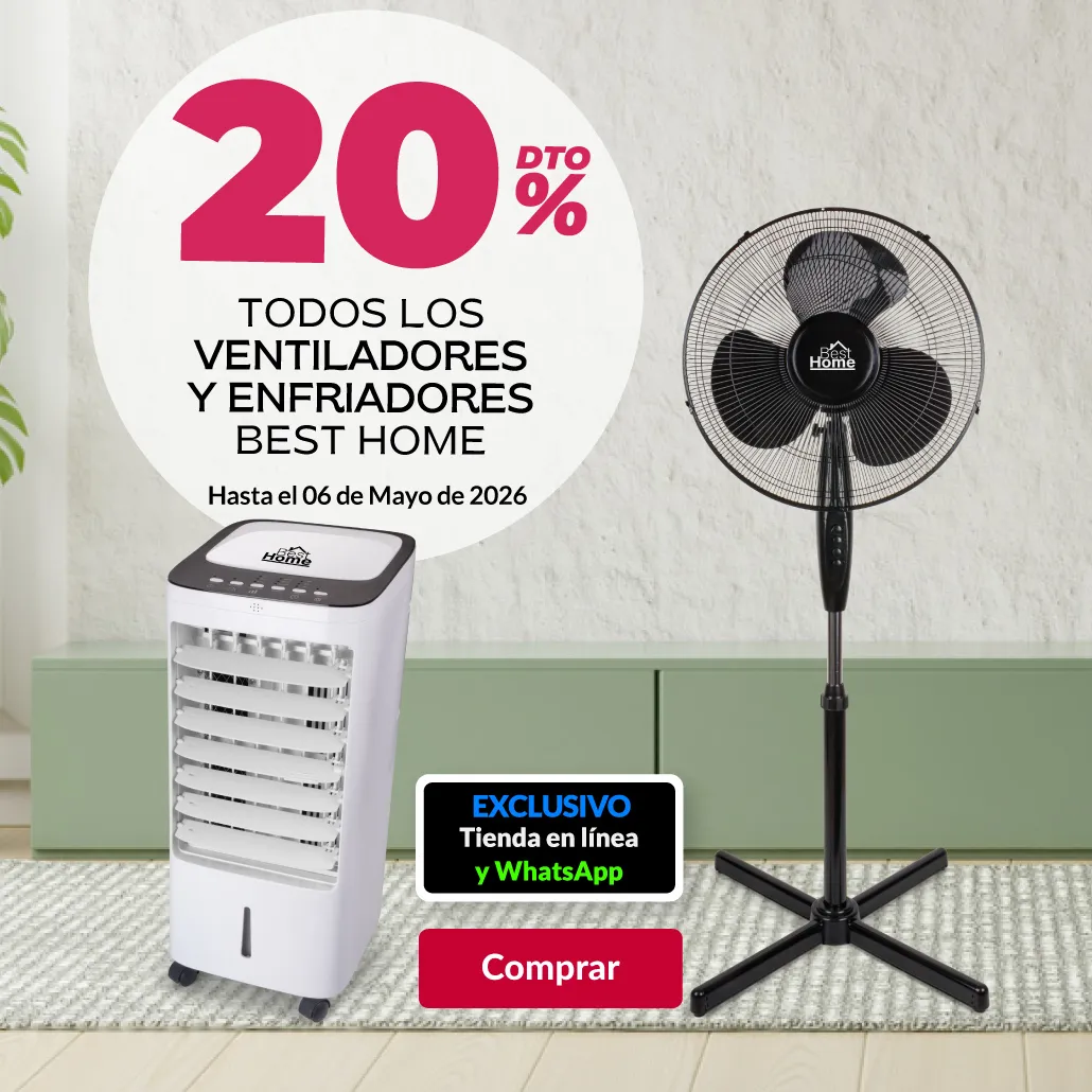 20% de descuento en todos los ventiladores y enfriadores best home. 