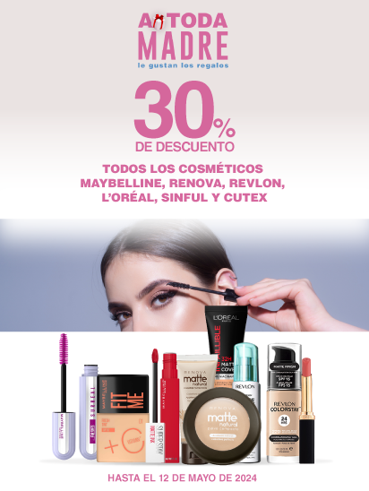 30% de descuento en todos los cosméticos maybelline, renova, revlon, l'oréal, sinful y cutex