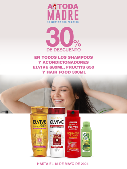 30% de descuento en todos los shampoos y acondicionadores elvive 680ml, fructis 650 y hair food 300ml