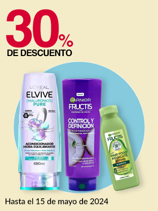 30% de descuento en todo los shampoos y acondicionadores Elvive 650ml y Hair Food 300ml