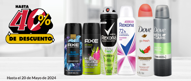 Hasta 40% de descuento en todos los desodorantes en aerosol Axe, Rexona y Dove (excepto ofertas armadas)