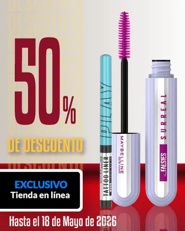 Hasta 50% de descuento en cosméticos Maybelline. 