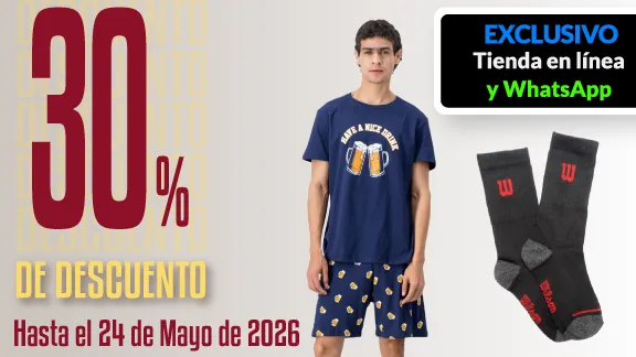 30% de descuento en ropa interior, calcetería y pijamas de hombre. 