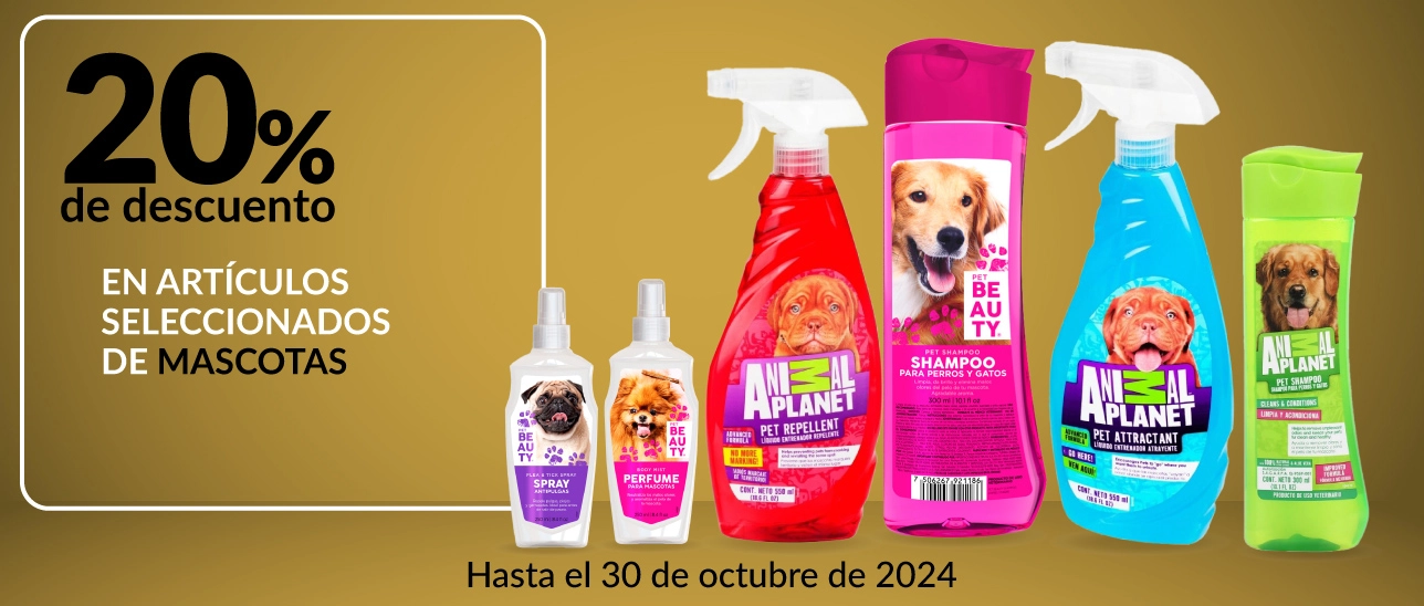 20% de descuento en artículos de seleccionados de mascotas de las marcas Pet Beauty y Animal Planet