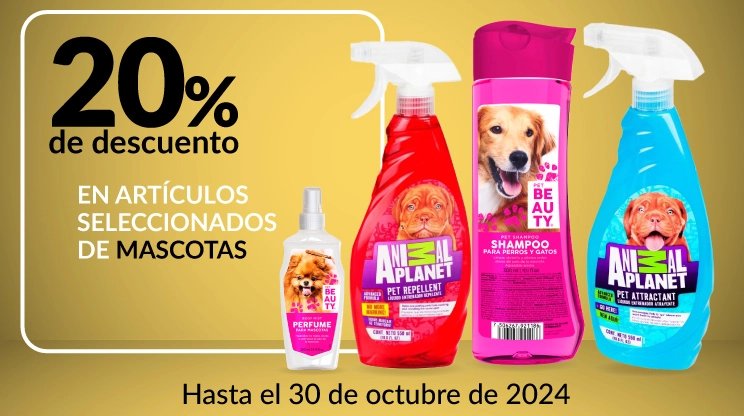 20% de descuento en artículos de seleccionados de mascotas de las marcas Pet Beauty y Animal Planet